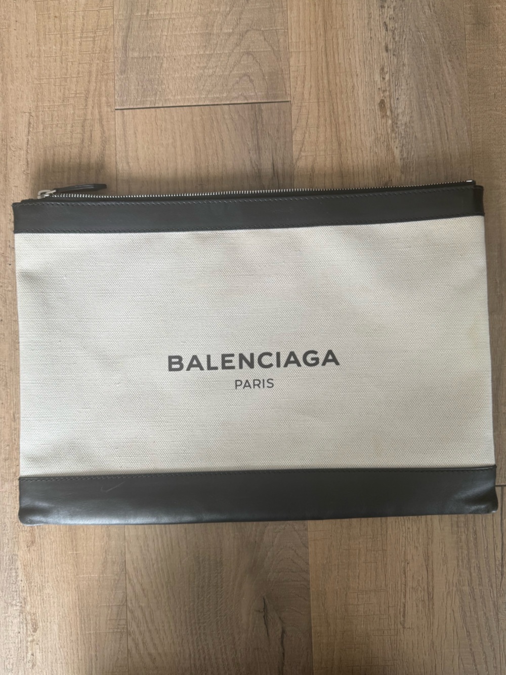 Balenciaga Beige Canvas Clutch with Black Leather Trim